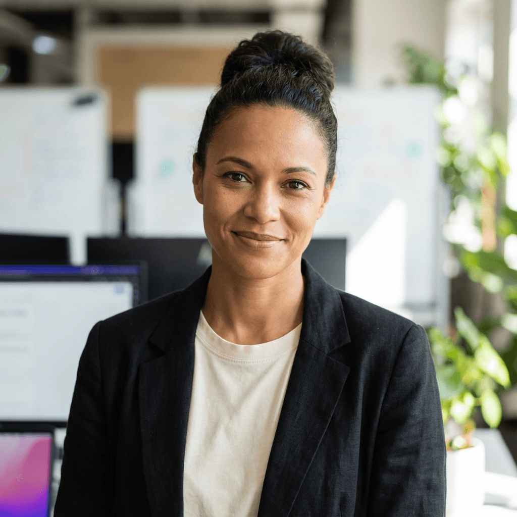 Female business owner in her mid 40s in a smart blazer in a bright office
