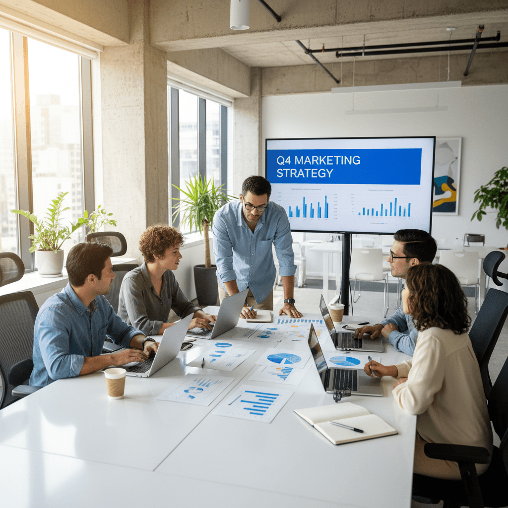 Marketing team collaborating around a table with laptops and charts in modern bright office