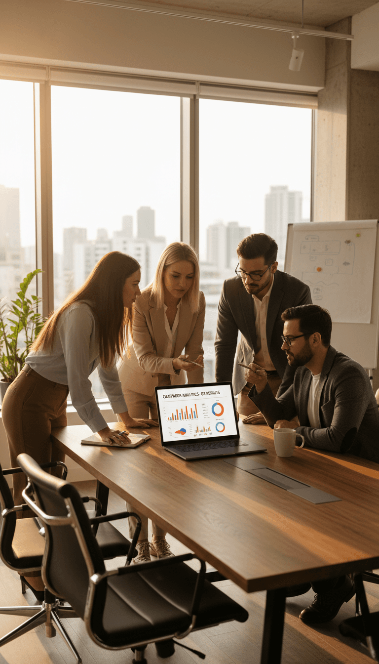 Marketing team reviewing campaign performance on a laptop