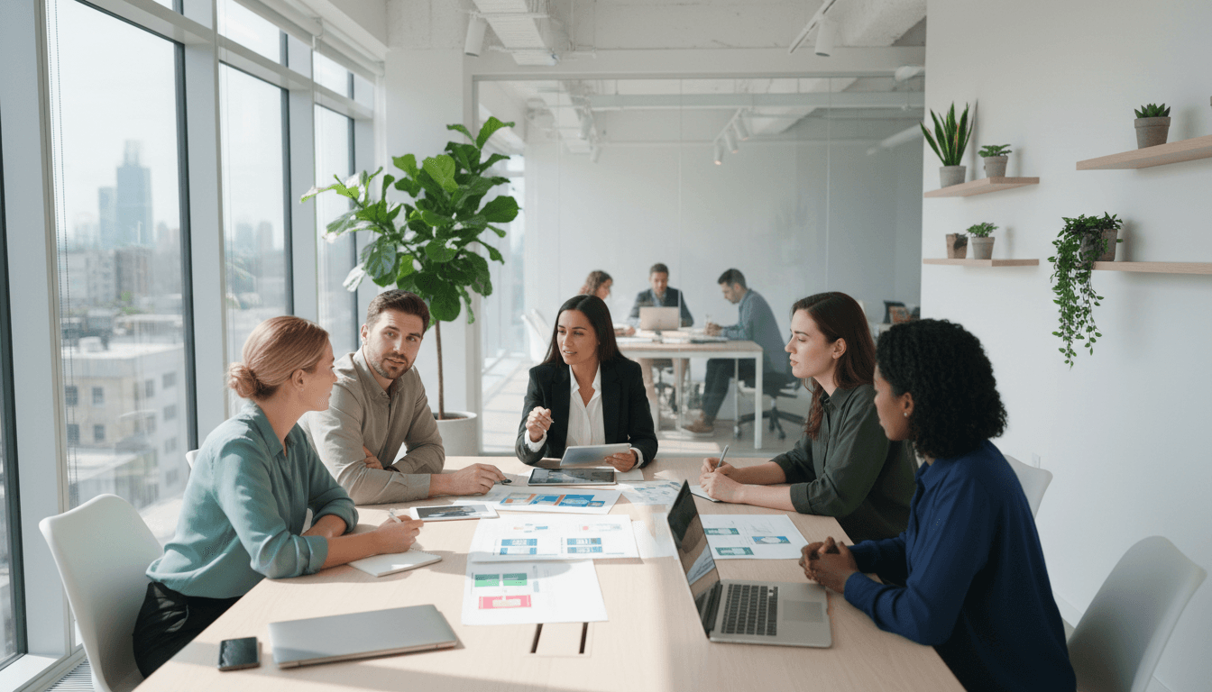 Marketing team reviewing strategy documents together at a bright office table