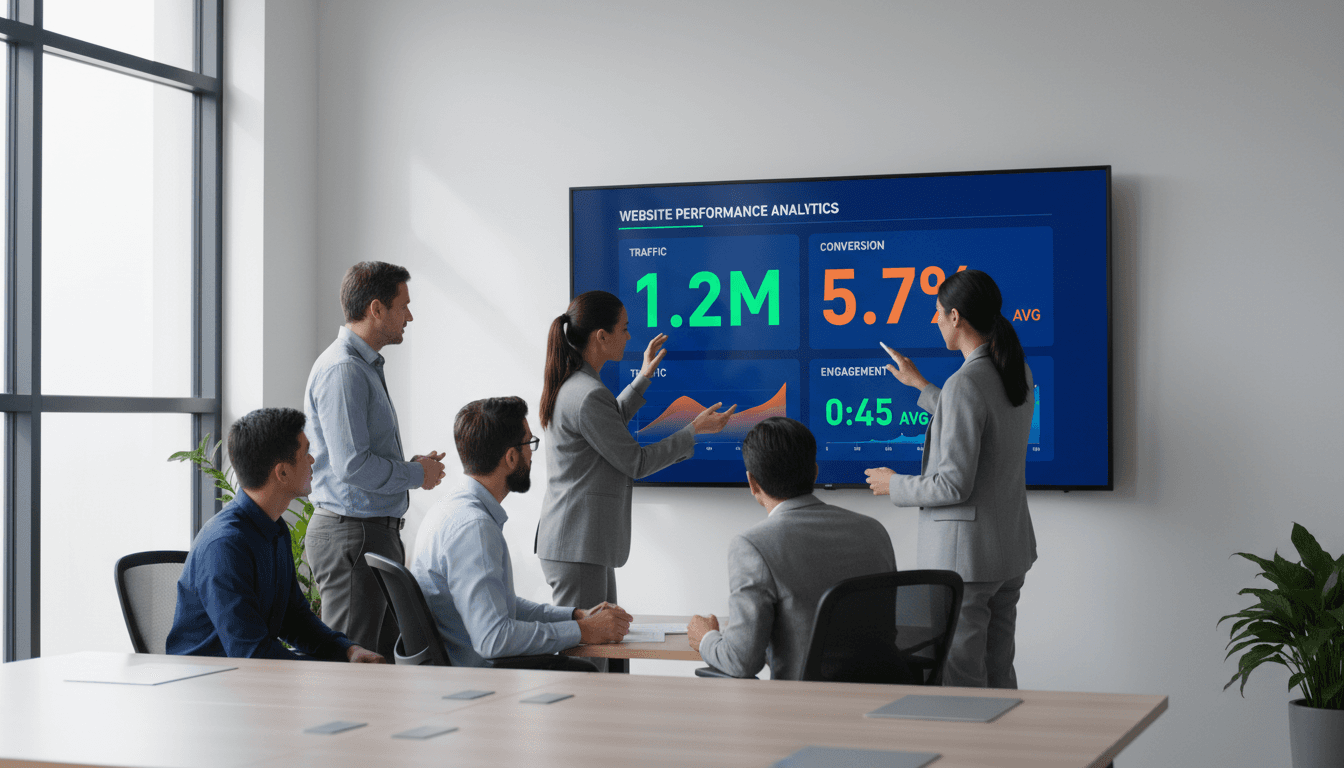Marketing team reviewing SEO analytics on a computer screen