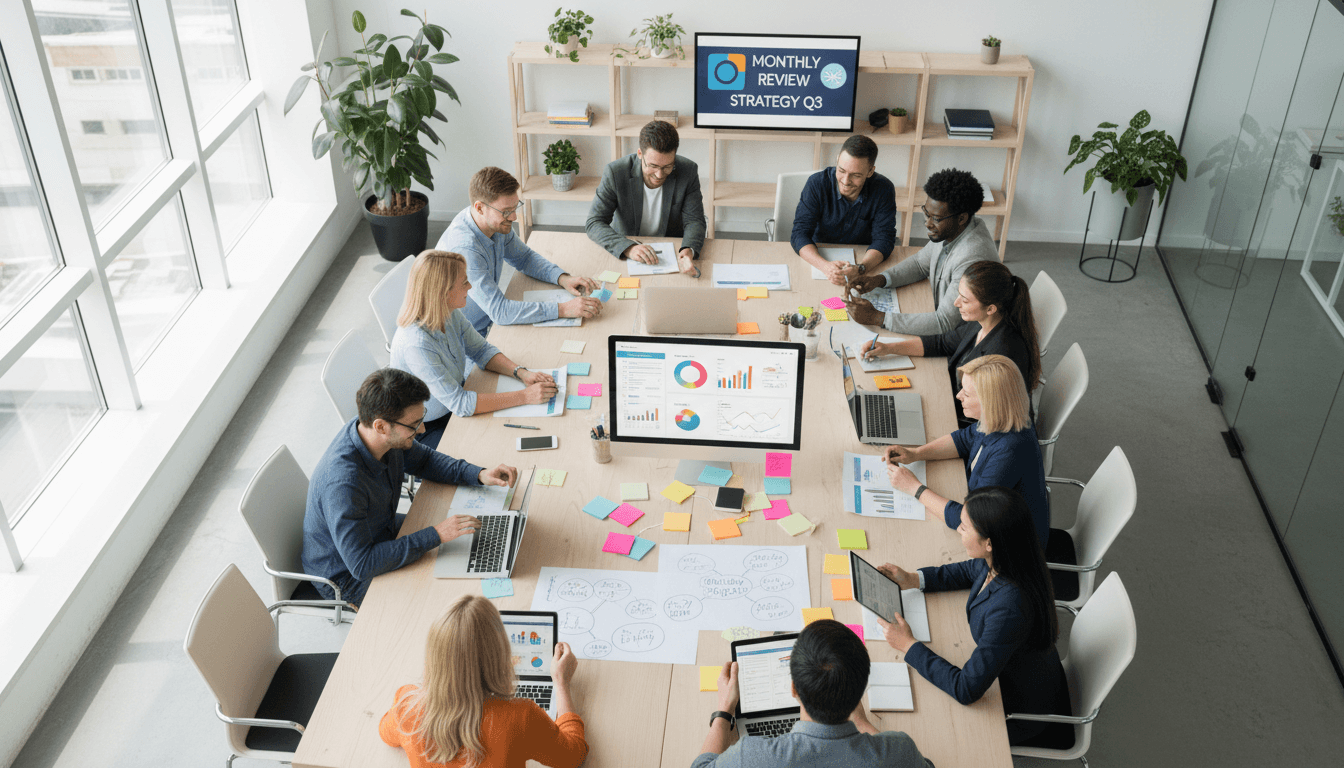 Digital marketing team collaborating on a strategy around a table in a modern office